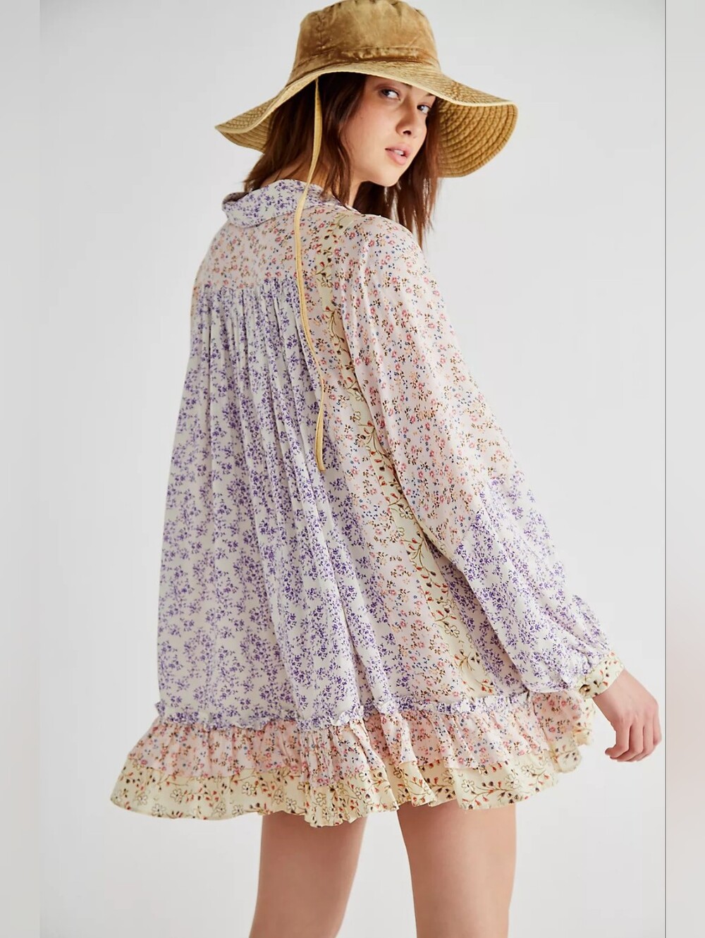 Free People Lost In You Tunic Light Combo Flowy Long Sleeve XS Ruffled